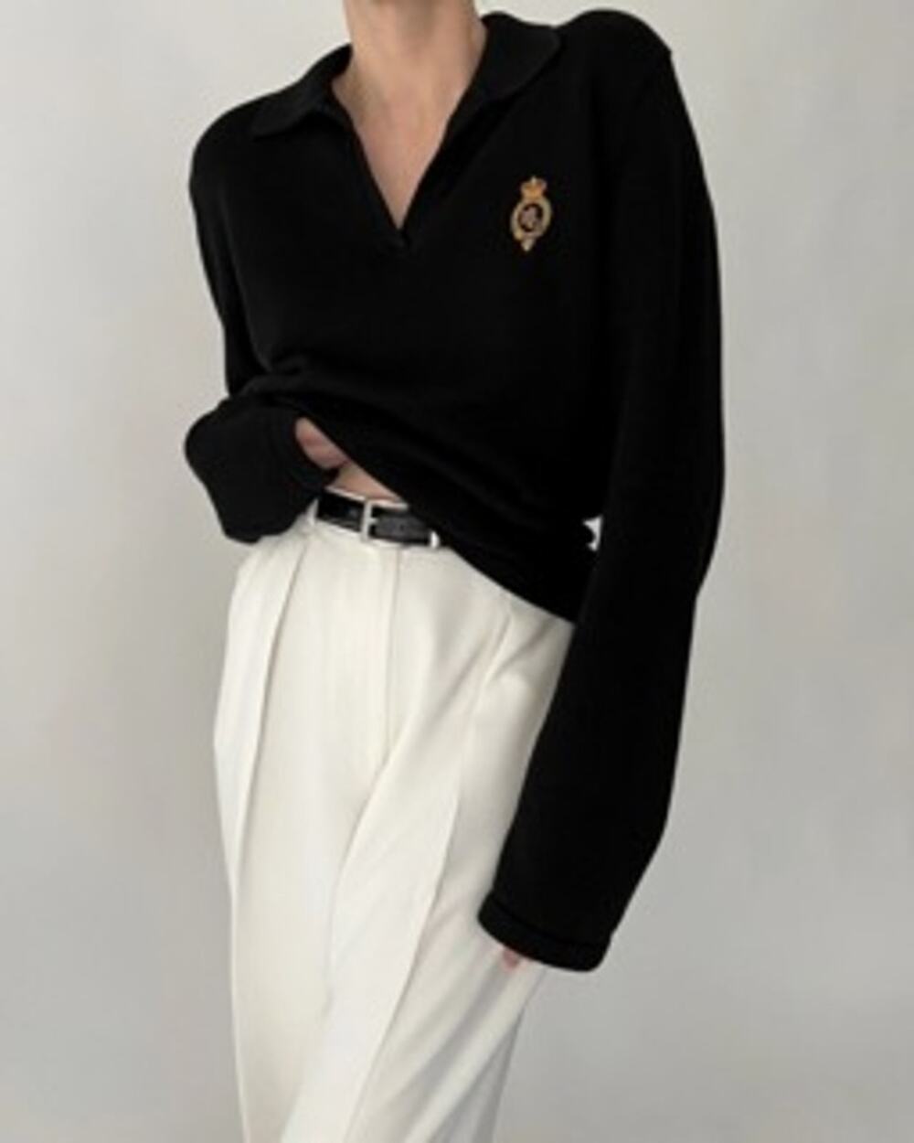 Lauren Jeans Co Collared Knit Pullover Sweater Black Gold Crest Logo Size L